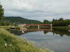 View of Staustufe Güdingen lock and dam structure on the river