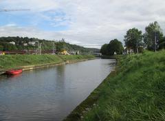 View of Staustufe Güdingen dam and lock on a river