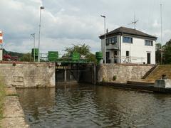Staustufe Güdingen lock and water control system on the river with bridge overhead