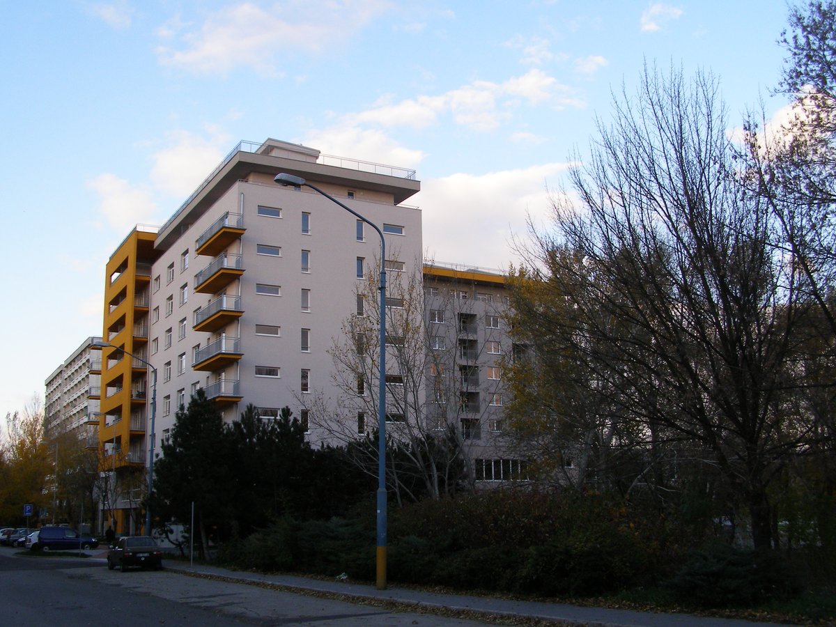 View of Antolská street in Petržalka, Bratislava, Slovakia with residential buildings and parked cars