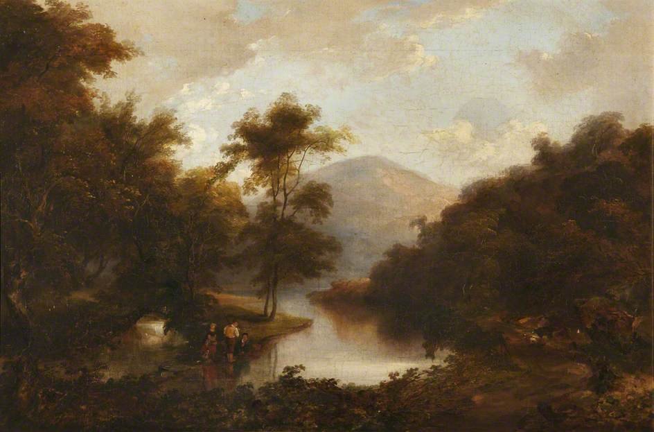 Figures by a river in a mountainous landscape painting