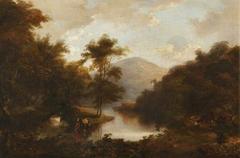 Figures by a river in a mountainous landscape painting