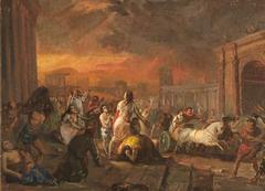 Historical painting depicting the sack of a city with soldiers and civilians during a battle scene