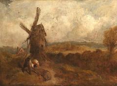 Woodcutters working near a windmill in a landscape by John Crome