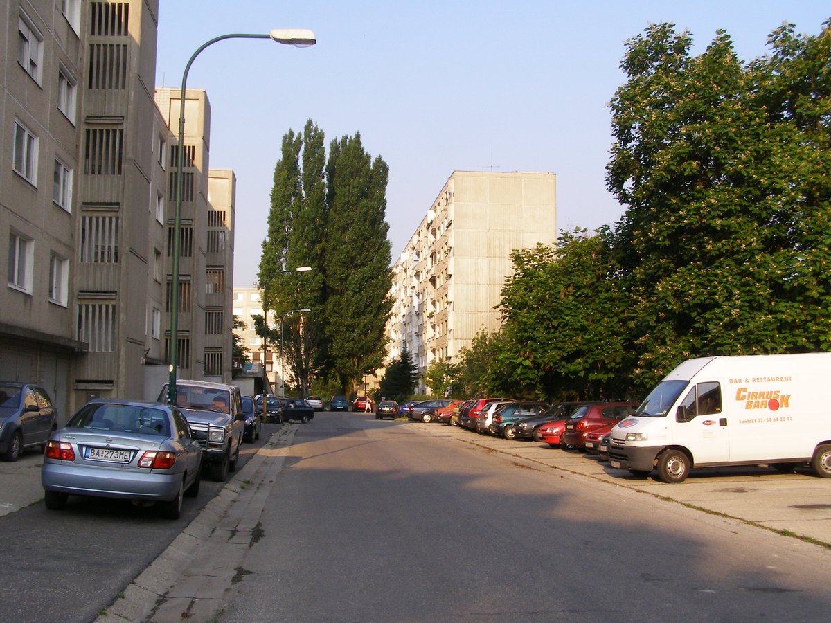 Jankolova street in Petržalka district of Bratislava with residential buildings and parked cars