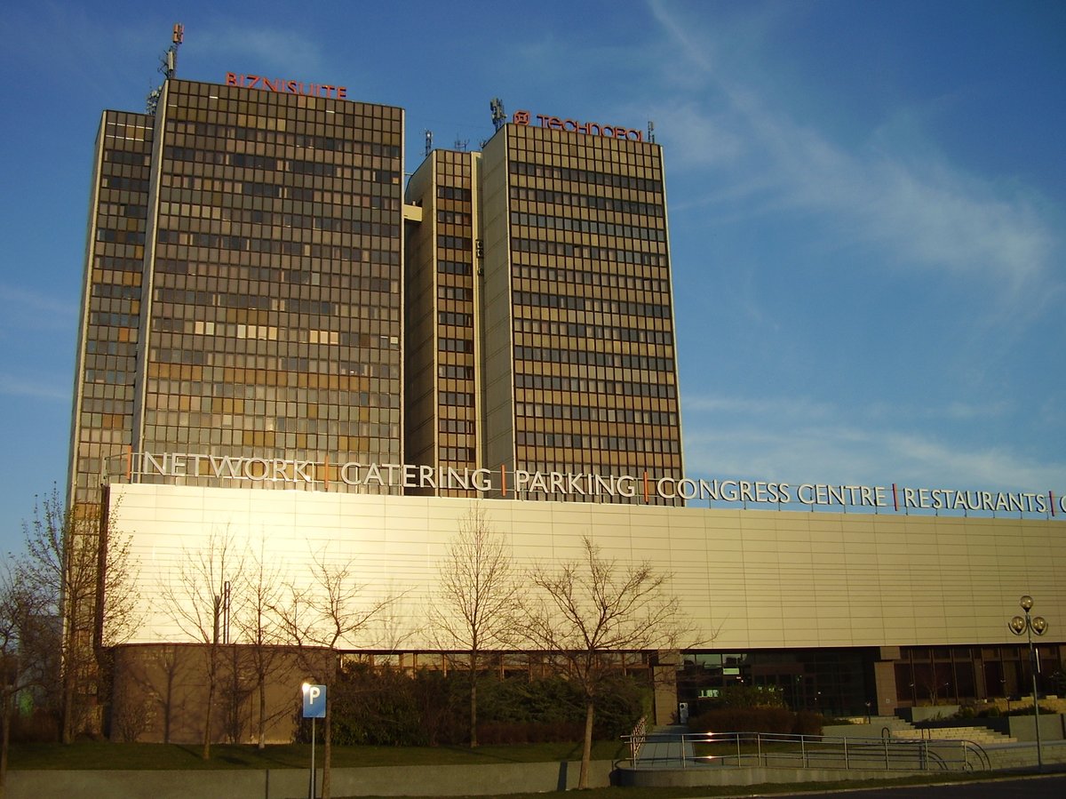 Modern glass office building with distinct architectural shapes in Bratislava, Slovakia