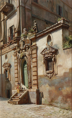 Boy with his dog sitting on a stone step in Rome