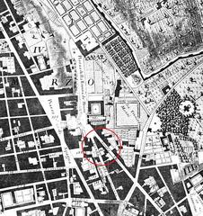 Historic Nolli map of Rome from 1748 featuring Palazzo Zuccari circled in red between Strada Gregoriana and Strada Felice
