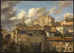 View of Monte Pincio and Palazzo Zuccari with classical architecture and lush greenery under a partly cloudy sky