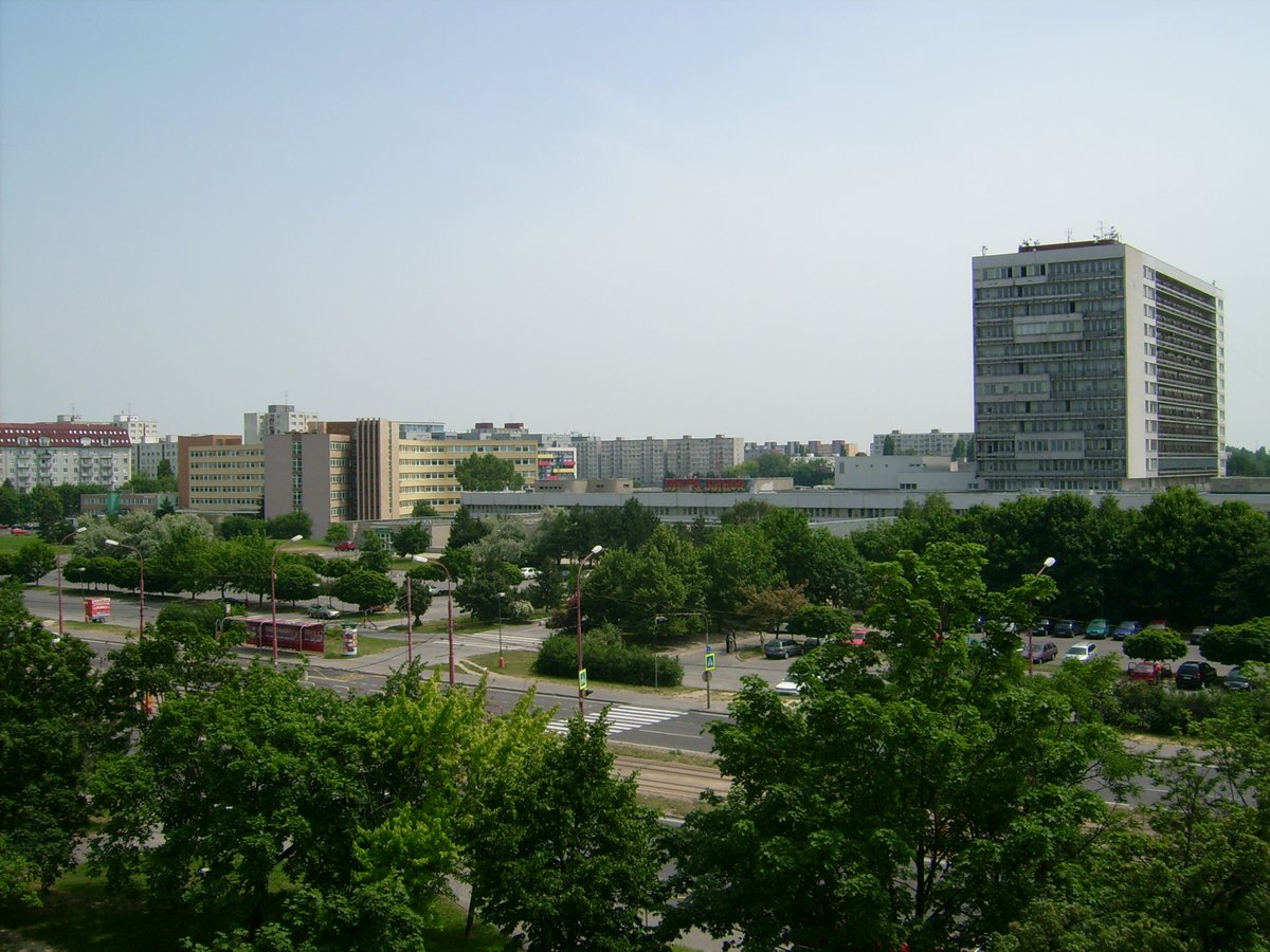 Panoramic view of Trávniky neighborhood in Bratislava, Slovakia showing residential buildings and green spaces