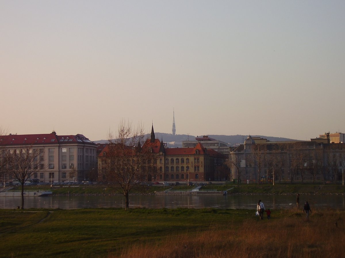 View of the Bratislava riverfront including historic buildings along the Danube River in Slovakia