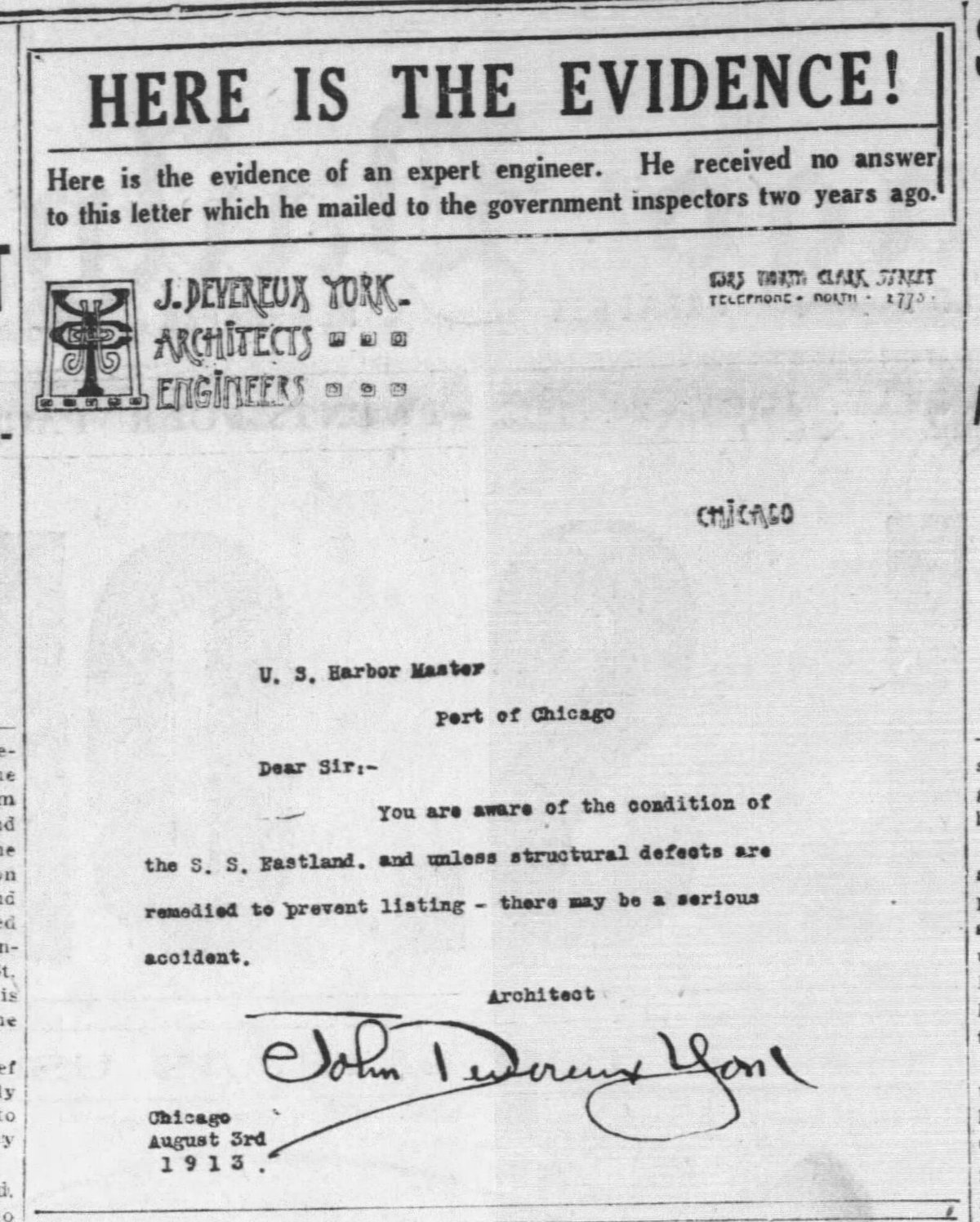 Chicago Tribune July 26, 1915 page 2 featuring reprint of 1913 letter by engineer to government inspectors about The Eastland