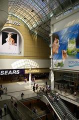 Exterior view of Eaton Centre shopping mall in Toronto, Ontario on a cloudy day