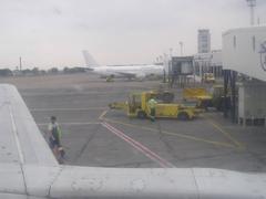 View from a Jat Airways airplane window overlooking Belgrade Nikola Tesla Airport