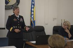 U.S. Army Brig. Gen. Marti Bissell speaking to college students at NATO Headquarters Sarajevo about NATO membership processes