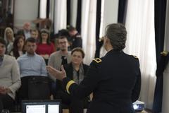 U.S. Army Brig. Gen. Marti Bissell addressing college students at Ministry of Foreign Affairs Sarajevo about NATO membership processes