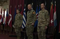 U.S. Navy Adm. James Foggo with U.S. Army Brig. Generals Marti Bissell and William J. Edwards at NATO Headquarters Sarajevo transfer of authority ceremony