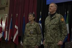 Transfer of authority ceremony at NATO Headquarters Sarajevo with U.S. Navy Adm. James Foggo and U.S. Army Brig. Generals Marti Bissell and William J. Edwards