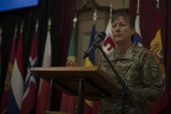 U.S. Army Brig. Gen. Marti Bissell giving a speech during NATO Headquarters Sarajevo transfer of authority ceremony