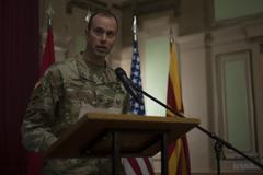 U.S. Army Brig. Gen. William J. Edwards delivering remarks at NATO Headquarters Sarajevo transfer of authority ceremony
