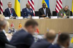 Ukrainian Defense Minister Rustem Umerov with U.S. Secretary of Defense Lloyd Austin, NATO Secretary General Jens Stoltenberg, and General Charles Q. Brown Jr. at NATO Headquarters in Brussels June 13, 2024