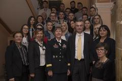 NATO Headquarters Sarajevo commander Brig. Gen. Marti Bissell speaking with college students at OSCE Youth and Security school in Sarajevo 2019