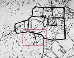Historic view of Hässelby säteri in 1652 with a windmill highlighted in red frame