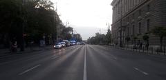 Dózsa György út street view at sunset in May