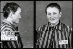 Identity photo of Marie-Louise Lisette Moru smiling upon arrival at Auschwitz concentration camp