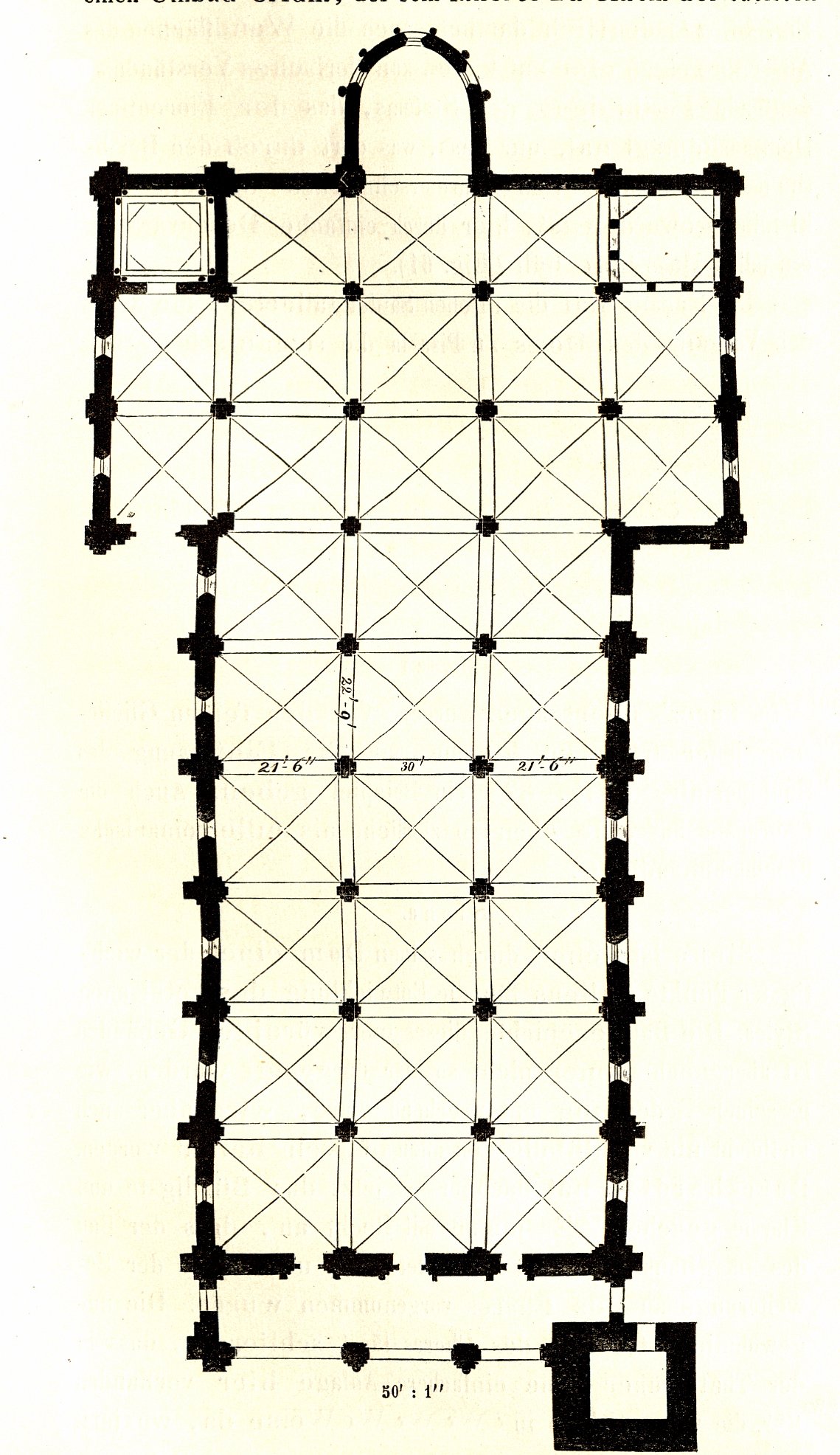 Woodcut floor plan of San Martino church in Lucca, Italy, from 1860 publication by Wilhelm Lübke and Karl Schnaase