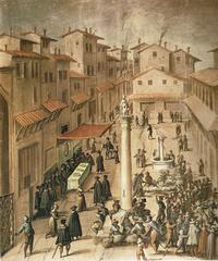 Detail of Sala di Gualdrada fresco showing the central column where sentences were executed