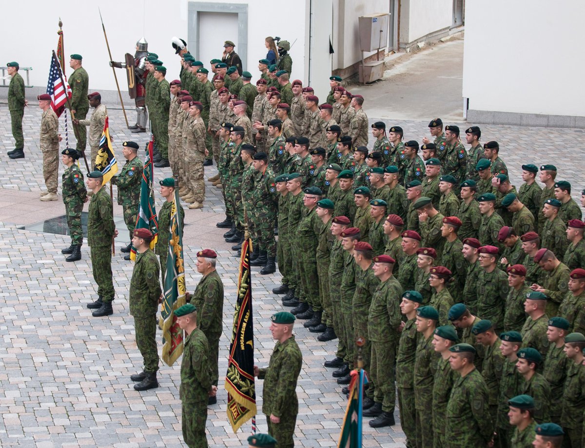 Lithuanian, Portuguese, and U.S. service members in formation during the 605th anniversary ceremony of Lithuanian Land Forces in Vilnius, 2015
