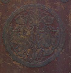 16th century Lithuanian Vytis Waykimas decorated with Gediminas' Cap and Polish Eagle on book cover from Sigismund II Augustus library in Vilnius