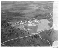 Historic black and white photo of buildings and landscape in Fairbanks, Alaska