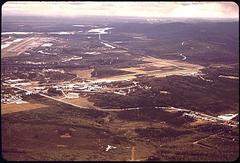 Overhead view of Fairbanks cityscape with buildings and roads