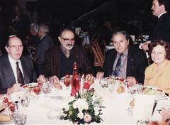 Josep Tremoleda, Anna Pàmies, Joan Triadú and J. Sarsanedes at a tribute dinner for Ramon Aramon i Serra in 1993 at Drassanes de Barcelona