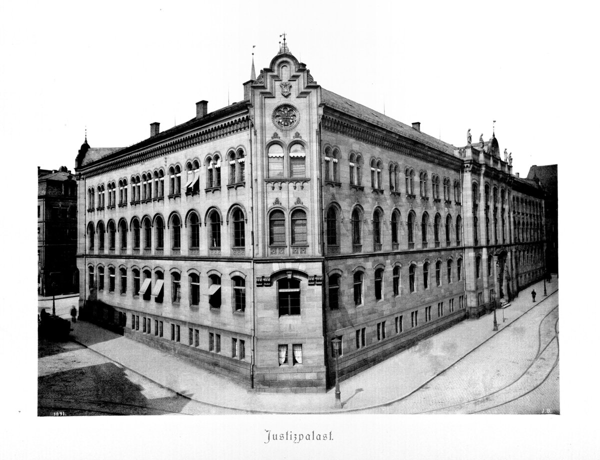 Historic Justizpalast building in Nuremberg from 1891 lithograph