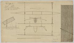 Plan of a double outrigger canoe from Manado, Celebes with top views, longitudinal and cross sections, side view of the sail, and a paddle, black ink annotations
