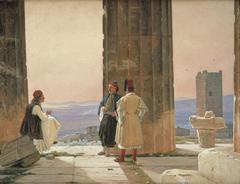 Free Greek citizens discussing at the Parthenon in 1844 with view of Piraeus and Saronikos Gulf