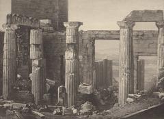 Engraving of the first daguerreotype photograph of the Propylaea in Athens with part of the demolished Frankish Tower behind it