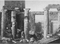 Engraving of the first daguerreotype photograph of the Propylaea with part of the demolished Frankish Tower behind it