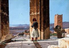 Smoking Greek man at the Parthenon in 1835 with panoramic view of Faliron, Piraeus, Saronic Gulf, the medieval Frankish Tower, and Mount Aigaleo