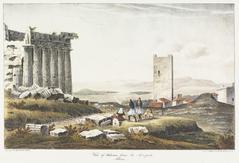 Hand-coloured lithograph view of Salamis island from the Acropolis in Athens