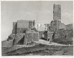 View of the western entrance to the Athenian Acropolis with Beulé Gate, Propylaea, Agrippa Monument and Frankish Tower after 1852-1853 excavations