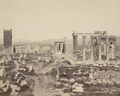 Historic view of the Acropolis of Athens featuring the Propylaea, Erechtheum, and the Frankish Tower before 1874