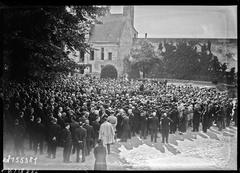 Crowd gathering at the Château des ducs de Bretagne in Nantes for a funeral ceremony of 79 victims from the Saint-Philibert shipwreck