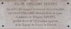 Plaque commemorating the inauguration of Grégory Coupet stadium in Lyon, France