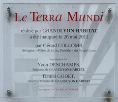 Inauguration plaque of Le Terra Mundi building in Lyon