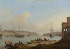 Harbour view of Valletta looking southwards with ships, Ricasoli Fortress, and Lower Baracca Gardens