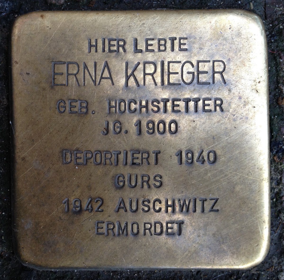 Stolperstein memorial stone dedicated to Erna Krieger on Kriegsstraße 88 in Karlsruhe, Germany